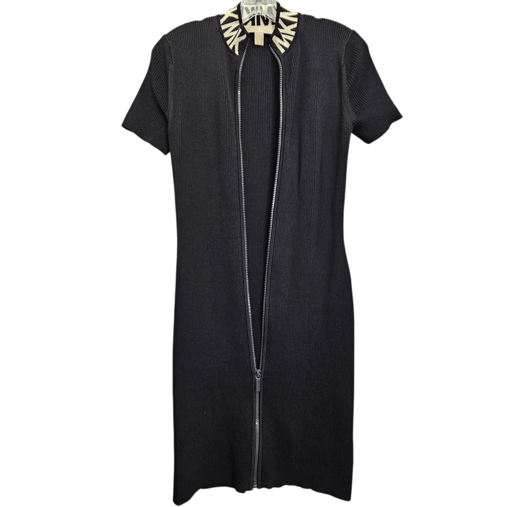Nwot Michael Kors Black Ribbed Knit MK Logo Neckline Shortsleeve Zipfront Dress - Picture 3 of 17